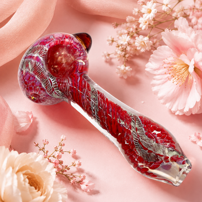 Crimson Red Silver Web Twist Glass Spoon Pipe Amber Marble Accent - 4.5 inch