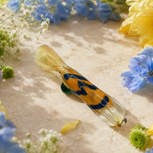 Golden Navy Handcraft Glass Chillum Pipe Amber Blue Wave 3~3.5 inch