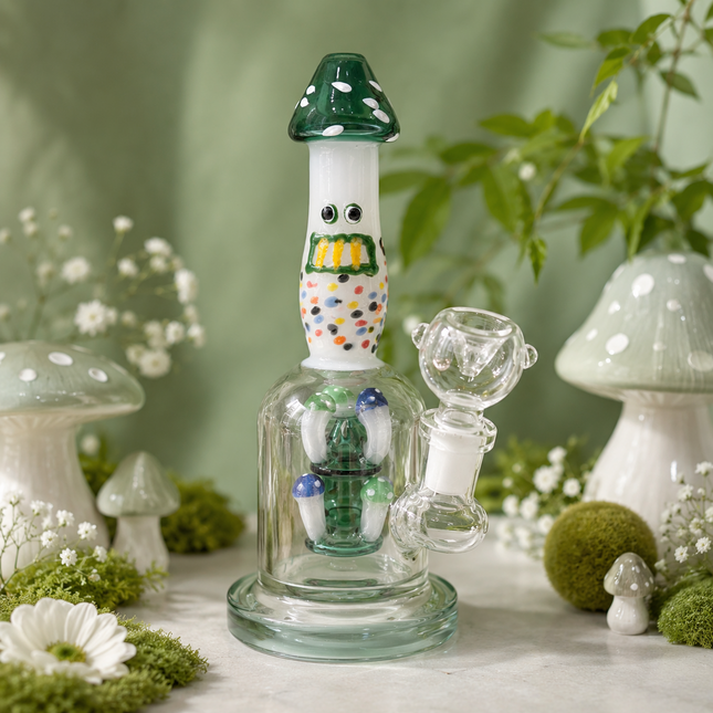 Green Glass Bong with Whimsical Mushroom Percolator & Bowl - 7.5 inch