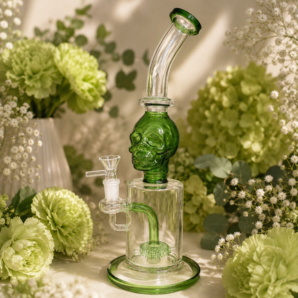 Green Skull Glass Water Pipe Showerhead Percolator Bent Neck 11 inch