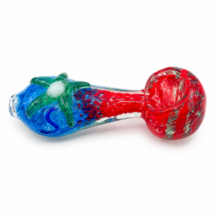 Red Blue Glass Spoon Pipe with Green Starfish Accent - 4 inch