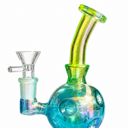 Blue Green Iridescent Orb Glass Water Pipe 14mm Bowl Curved Neck 7.5 inch