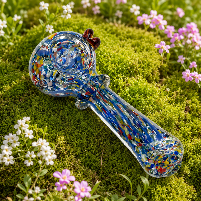 Confetti Blue Glass Spoon Pipe with Amber Crown – 4 Inch Hand Pipe