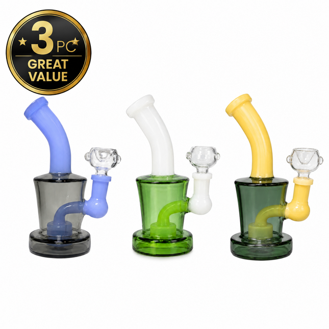 [3PC Bundle] 6" Mini Glass Water Pipe Set Smoke Blue Green Dark Gray Yellow 6"