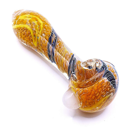Camel Zebra Stripe Glass Spoon Pipe with Yellow Swirl – 4 Inch Hand Pipe Deep Bo