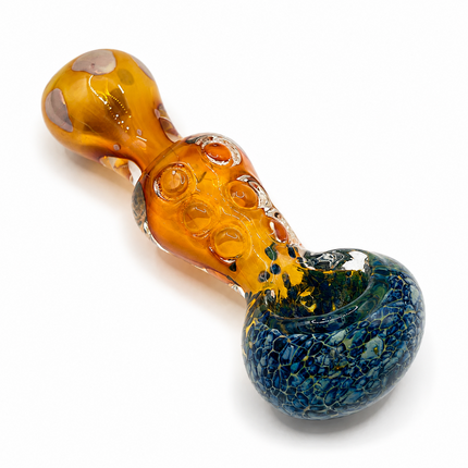 Amber Blue Crackle Glass Spoon Pipe with Curvy Body & White Dot Accents - 4.5 in