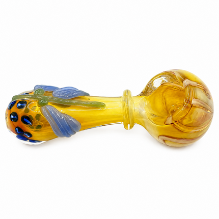 Amber Pumpkin Glass Spoon Pipe with Blue Leaf Accents - 4 inch