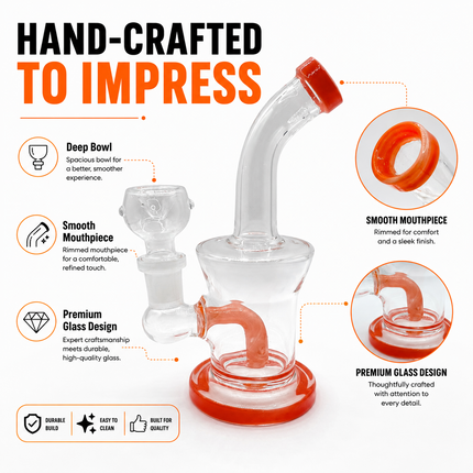 Orange Accent Clear Mini Glass Water Pipe – 6–6.5 Inch Compact Bong with Bowl