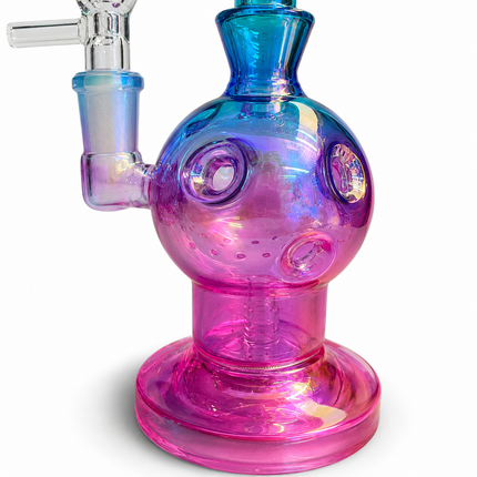 Aqua Pink Iridescent Orb Glass Water Pipe 14mm Bowl Disc Percolator 7.5 inch