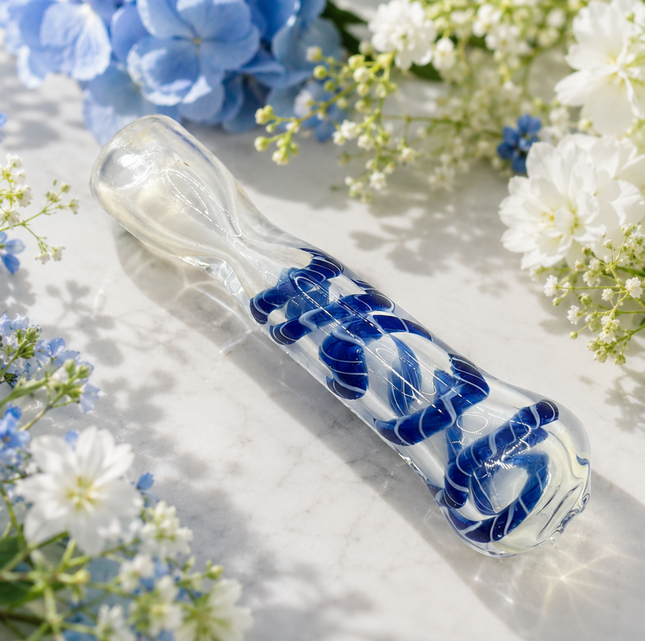 Sapphire Cloud Handcraft Glass Chillum Pipe Blue White Wave 3~3.5 inch