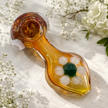 Amber Daisy Glass Spoon Pipe with White Petal Accent - 5 Inch