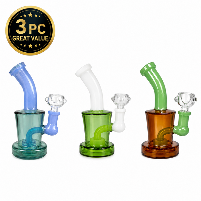 [3PC Bundle] Teal Green Amber Disc Perc Glass Water Pipe 14mm 6 Inches