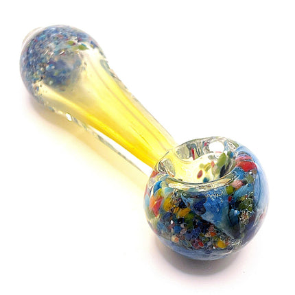 Blue Confetti Bowl Glass Spoon Pipe with Yellow Handle – 4 Inch Hand Pipe
