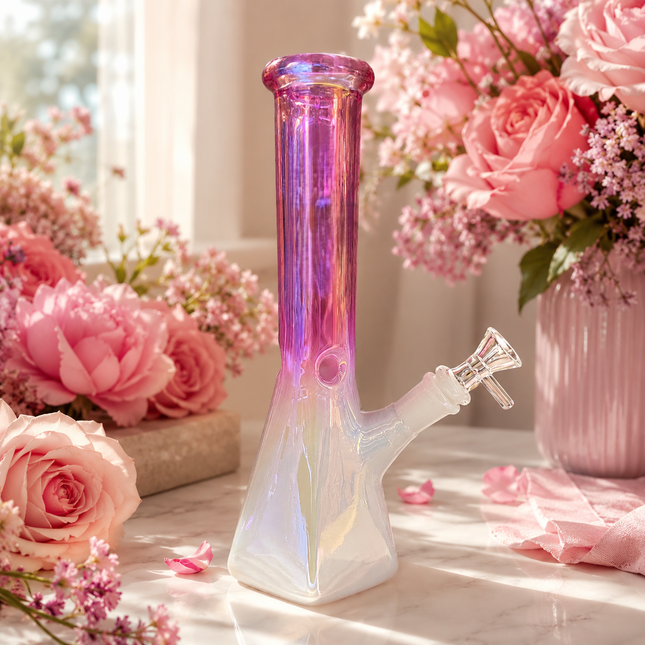 Pink White Chrome Hexagon Glass Water Pipe Ice Catcher 14mm Bowl 10.5 inch