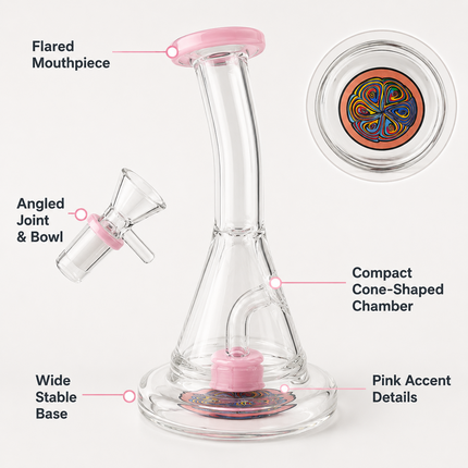 Pink Mandala Glass Water Pipe Clear Disc Percolator Bent Neck 7 inch