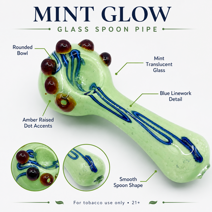 Milky Green Palm Glass Spoon Pipe with Blue Swirl & Amber Marble Accents - 4.5"