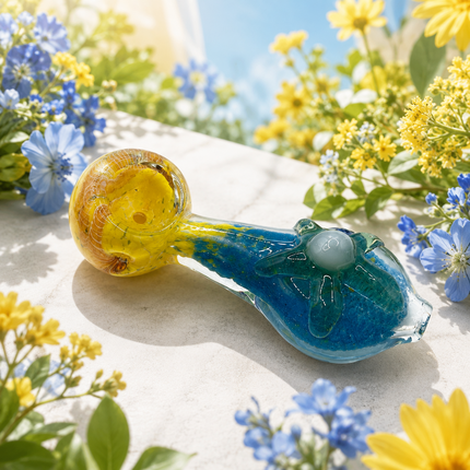 Ocean Sun Starfish Handcraft Glass Pipe Blue Yellow Art 4-4.5 inch