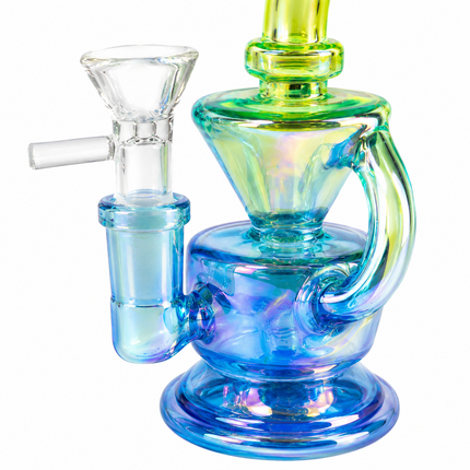Mini Blue Green Chrome Recycler Glass Bong with Bowl & Loop Handle - 6 inch
