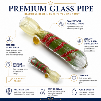 Moss Candy Handcraft Glass Chillum Pipe Clear Green Red 3~3.5 inch