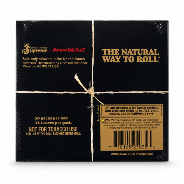 50 Packs RAW Black King Size Slim Papers Box, 32 Leaves Per Pack
