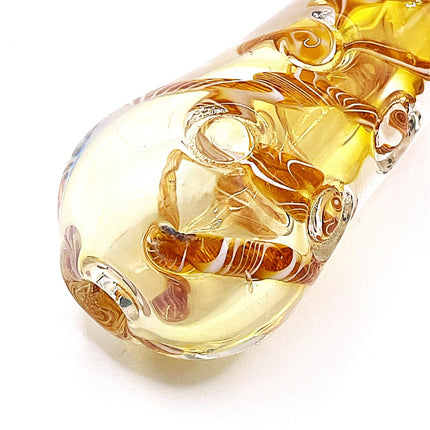 Ghost Caramel Glass Spoon Pipe with Spiral Dot Work – 4 Inch Hand Pipe Deep Bowl