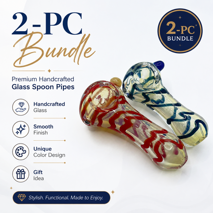 [2PC Bundle] Ruby Sapphire Wave Handcraft Glass Pipes Red Blue 3 inch