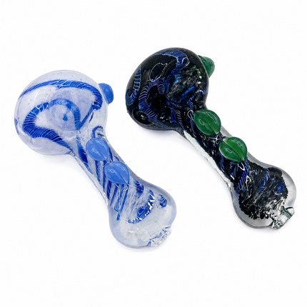 [2PC Bundle] 4 Inch Midnight Serpent Vine Glass Hand Pipe Raised Leaf Swirl