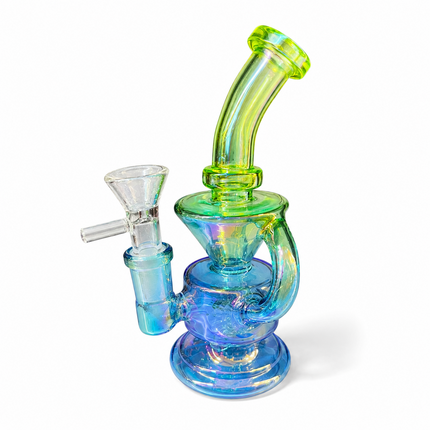 Mini Blue Green Chrome Recycler Glass Bong with Bowl & Loop Handle - 6 inch