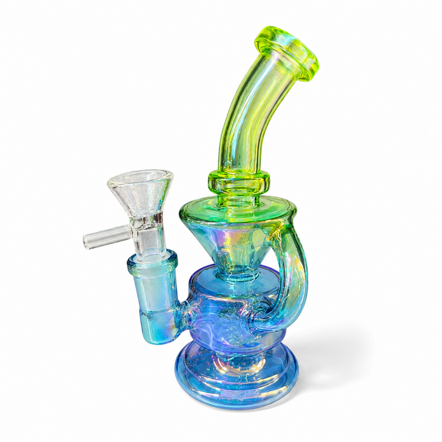 Mini Blue Green Chrome Recycler Glass Bong with Bowl & Loop Handle - 6 inch