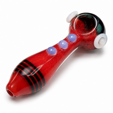 Red Frit Glass Spoon Pipe with White Marbles and Lavender Dots - 5 Inch
