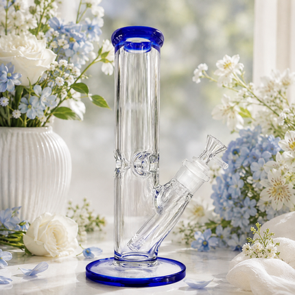 Dark Blue Accent Straight Tube Glass Water Pipe Ice Catcher 14mm Bowl 11 inch
