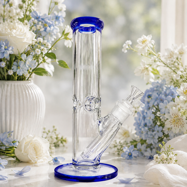 Dark Blue Accent Straight Tube Glass Water Pipe Ice Catcher 14mm Bowl 11 inch