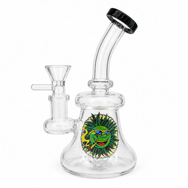 Black Accent Green Sun Face Bubbler Tri Beaker Glass Water Pipe 14mm - 6 inch