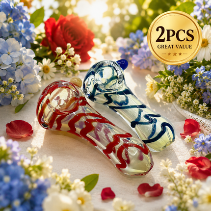 [2PC Bundle] Ruby Sapphire Wave Handcraft Glass Pipes Red Blue 3 inch
