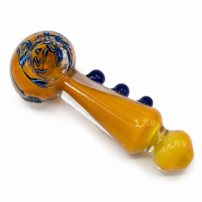 Amber Glass Spoon Pipe with Navy Blue Marbles and Swirl Bowl - 5 Inch