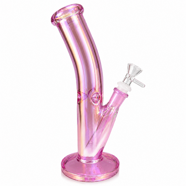 Pink Mirror Chrome Bent Neck Glass Water Pipe Removable Bowl 10 inch