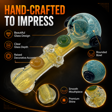 Aqua Frit Fumed Glass Spoon Pipe with Green Amber Dot Accents - 5 Inch
