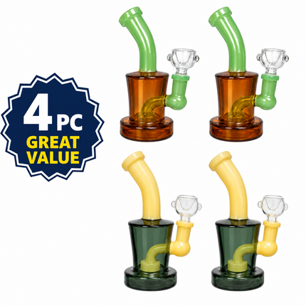 [4PC Bundle] 2 Amber Green 2 Dark Gray Yellow Mini Glass Water Pipe Set 6 Inch