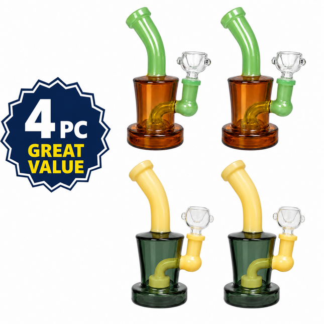 [4PC Bundle] 2 Amber Green 2 Dark Gray Yellow Mini Glass Water Pipe Set 6 Inch