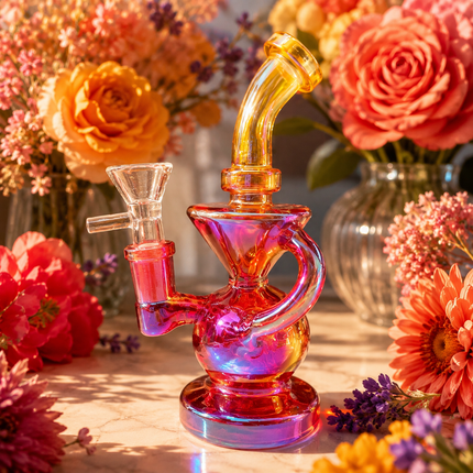 Gold Red Iridescent Compact Glass Water Pipe 14mm 6~6.5 inch