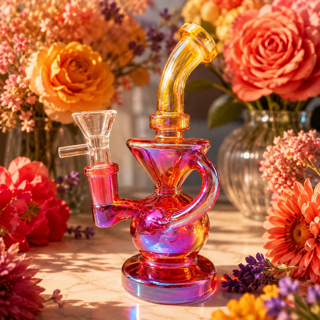 Gold Red Iridescent Compact Glass Water Pipe 14mm 6~6.5 inch