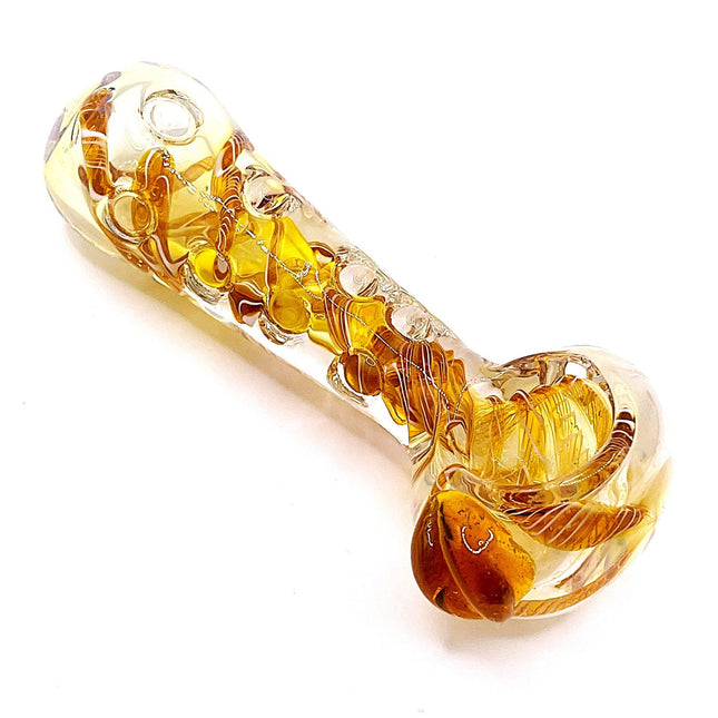 Ghost Caramel Glass Spoon Pipe with Spiral Dot Work – 4 Inch Hand Pipe Deep Bowl