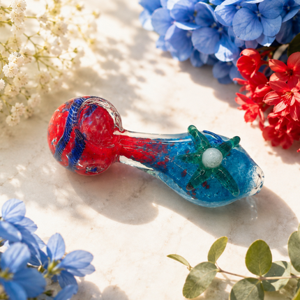 Crimson Tide Starfish Handcraft Glass Pipe Red Blue 4-4.5 inch