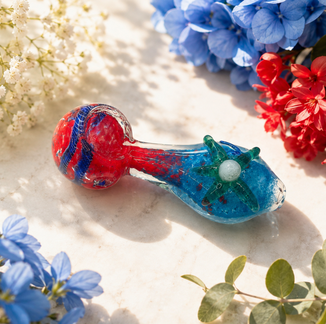 Crimson Tide Starfish Handcraft Glass Pipe Red Blue 4-4.5 inch