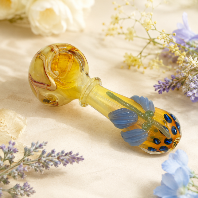 Amber Pumpkin Glass Spoon Pipe with Blue Leaf Accents - 4 inch