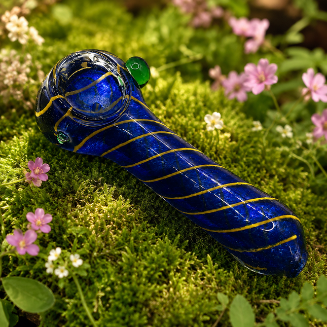 Midnight Blue Gold Spiral Glass Spoon Pipe with Green Marble – 4.5 Inch Pipes