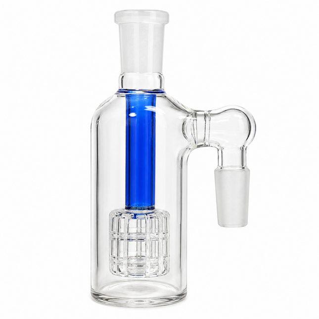 Clear glass water pipe with a blue inner tube, a side branch, and a white glass mouthpiece, shown on a white background.