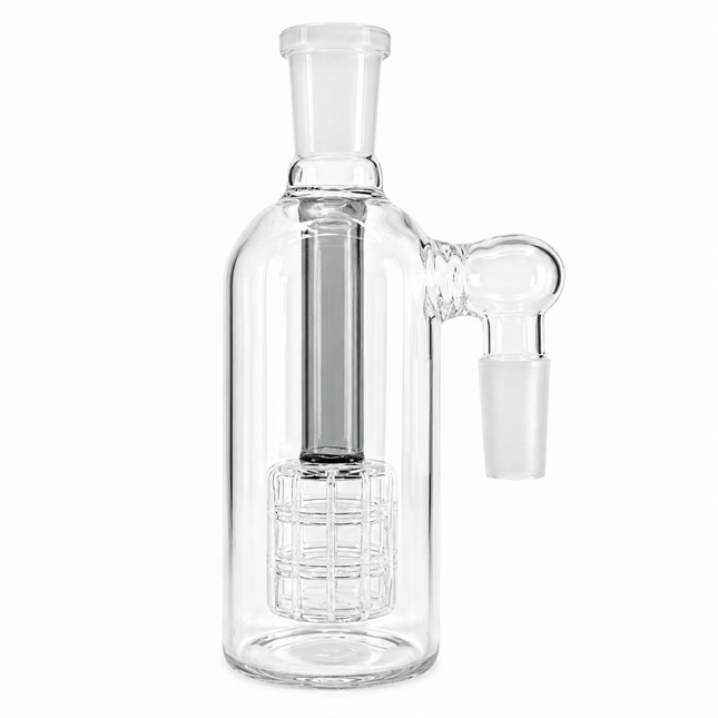 Clear glass water pipe with a central metal filter, a side port, and a frosted glass mouthpiece on a white background.