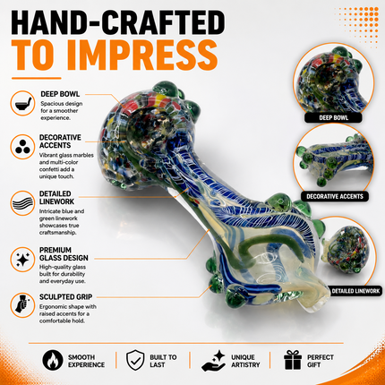 Cobalt Vine Glass Spoon Pipe with Green Marbles – 4 Inch Hand Pipe