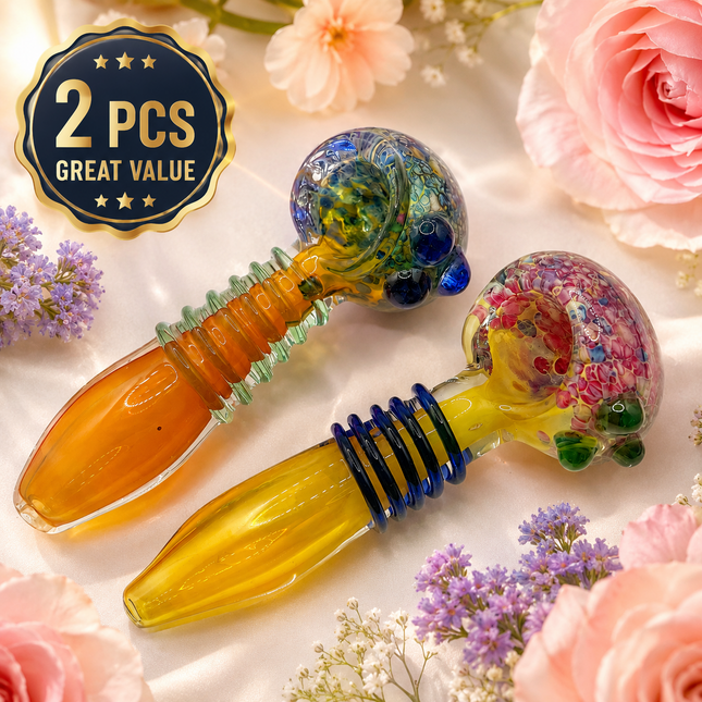 [2PC Bundle] Honey Coil Garden Glass Hand Pipes Floral Swirl Amber Art 4.5 Inch